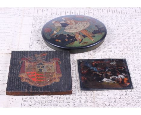 A magic lantern slide, death of Nelson, a coat of arms on oak panel, a painted box cover and an oracular table document, fabr