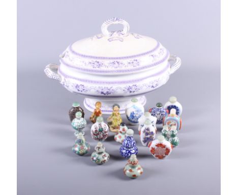 A collection of assorted modern Chinese ceramic snuff bottles and an oval transfer decorated soup tureen