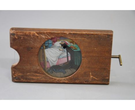 A small collection of wooden framed magic lantern slides, some metamorphic, including death of Nelson, and a magic lantern pr