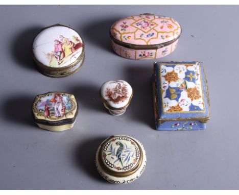 A 19th century circular patch box with enamelled lid and five others, various