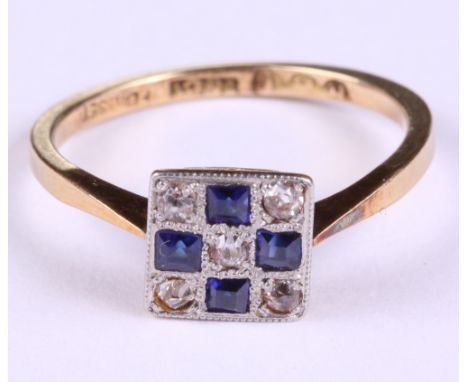 An 18ct gold and platinum, sapphire and diamond set plaque ring, size K, 1.9g