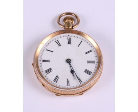 A 14ct gold cased lady's open faced fob watch with white enamel dial and Roman numerals