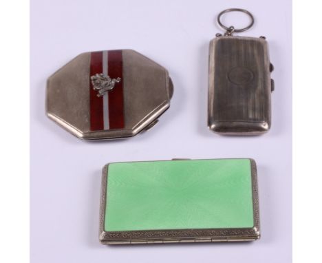A Continental silver plate cigarette box with green guilloche decoration, a lady's silver compact with enamel decoration and 