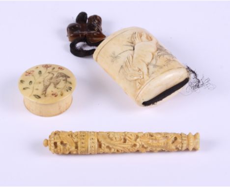 A Japanese carved ivory single section inro decorated horses, a Chinese carved ivory bodkin case and an Indian ivory trinket 