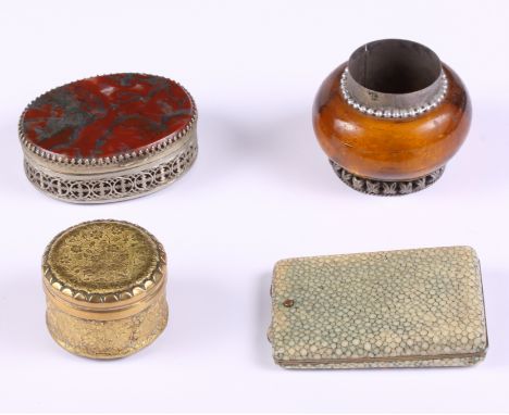 A white metal and hardstone mounted filigree box, a shagreen mounted book match holder, a gilt metal patch box and one other
