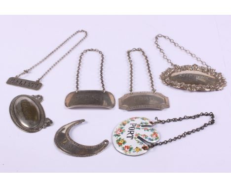Three silver decanter labels, a French enamel decanter label and three others