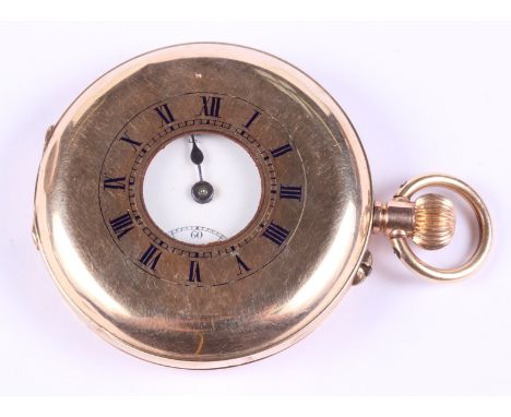 A 9ct gold cased half hunter pocket watch with white enamel dial, Roman numerals and subsidiary seconds dial (a/f)