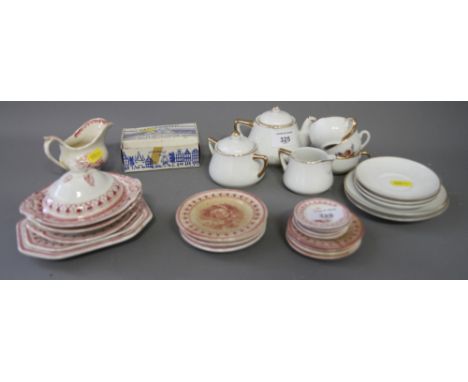 A doll's red transfer decorated part tea service and other miniature tea wares