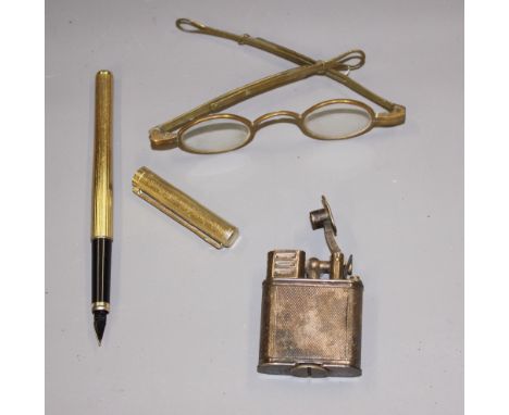 A Dunhill silver plated engine turned lighter and a gilt metal fountain pen