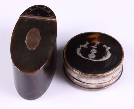 A Georgian tortoiseshell and yellow metal mounted oval snuff box and a tortoiseshell and pique circular pill box