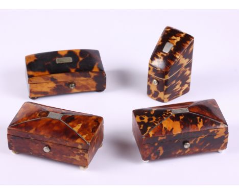 A tortoiseshell trinket box with pewter line inlay and turned ivory feet, another similar, a smaller tortoiseshell trinket bo