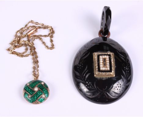 A Victorian tortoiseshell and gilt metal mounted pendant, together with a yellow metal, enamel and seed pearl pendant, on cha