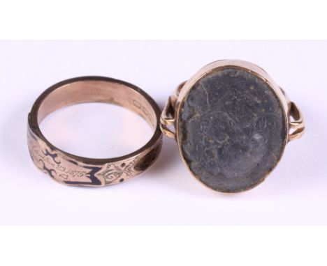 A 19th century gold and enamel mourning ring, marks indistinct, together with an antique gold cameo ring, 8.8g