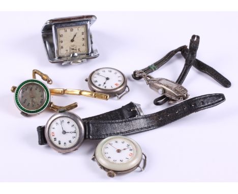 A lady's silver and marcasite cocktail watch, three ladies' silver cased wrist watches, a lady's rolled gold and enamel wrist