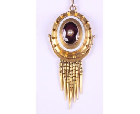 A 19th century gold, enamel, amethyst and seed pearl necklace, on 9ct gold fine link chain