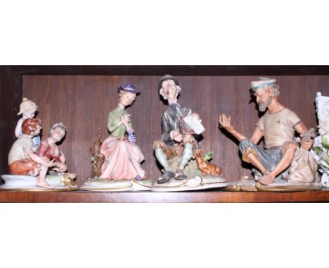 Four Capodimonte figures of a street musician, lady on a bench, an old seaman and three children playing with dice
