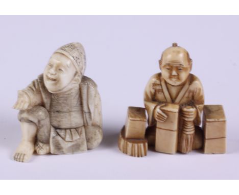 A Japanese carved ivory netsuke, formed as a seated gentleman, signature to base, and a Japanese carved ivory miniature okimo