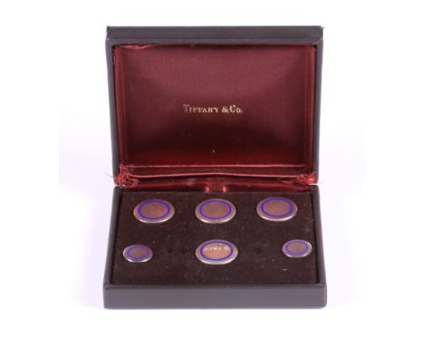 A set of six silver and enamel buttons by Tiffany & Co, in fitted case