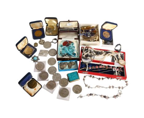 A Scottish unmarked Celtic design silver bar brooch, a silver and pearl necklace, various pearl necklaces and associated cost