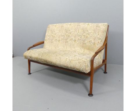 A mid-century Danish style teak and upholstered two-seater sofa. Overall 134x87x81cm, seat 118x48x48cm. 