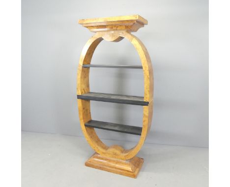 A birdseye maple veneered Art Deco style bookcase / display shelf. 79x156x34cm.Good condition, with some use related marks an