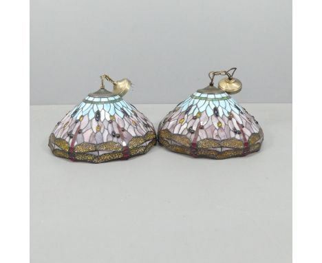 A pair of Tiffany style hanging pendant light fittings with leaded dragonfly design. Diameter - 40cm. 
