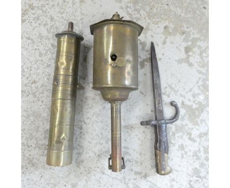 A WW1 bayonet and two pieces of trench art. (3) 