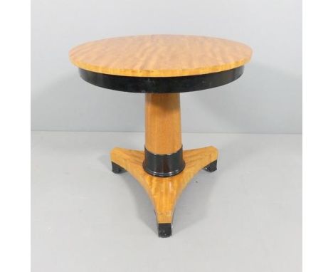 An Art Deco or Biedermeier style satinwood veneered pedestal table. 65x65cm.Good condition, some peeling veneer beneath top. 