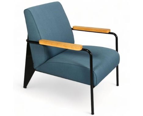 Jean Prouve, a Fauteuil de Salon lounge chair by Vitra, the black painted steel frame with slate blue twill upholstery, with 