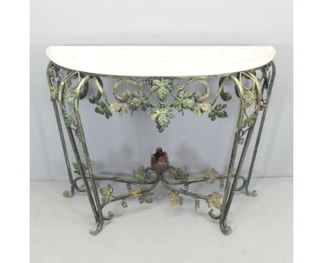 A French Art Nouveau style demi-lune marble topped console table on painted wrought iron base. 110x87x45cm. 