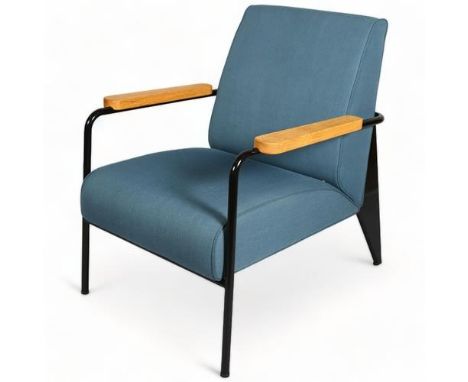 Jean Prouve, a Fauteuil de Salon lounge chair by Vitra, the black painted steel frame with slate blue twill upholstery, with 