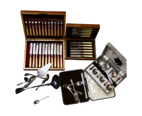 4 cased sets of silver plate cutlery, and several loose plated items, including a soup ladle etc 