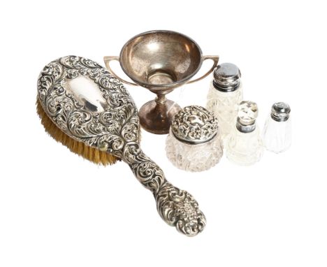 A group of various silver items, including an Art Nouveau dressing table brush, 4 various scent bottles, and a small silver 2