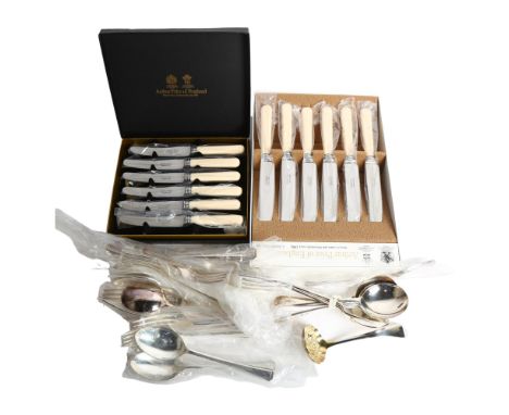 2 boxes of Arthur Price cutlery, tea knives and dinner knives, and a quantity of loose plated forks and spoons, and a ladle 