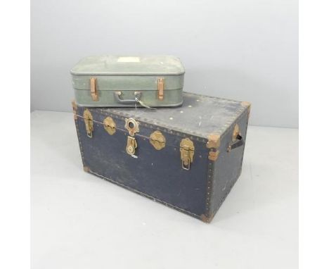 A brass bound trunk, 93x49x54cm. and faux leather suitcase with label for St. Michael's luggage. (2) 