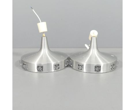 A pair of mid-century chrome UFO style light fittings in the manner of Carl Fagerlund. Diameter 36cm. 