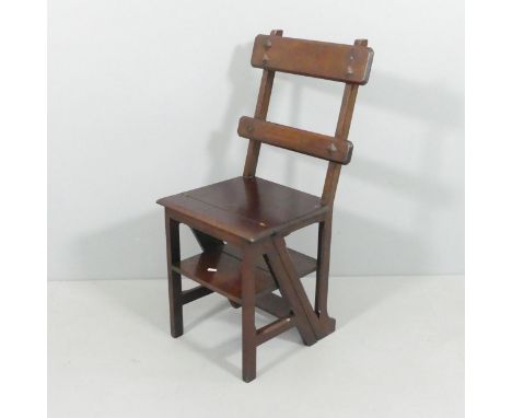 A Victorian Arts & Crafts metamorphic library step chair. As chair 42x85x42cm, as steps 42x85x59cm.Good condition apart from 