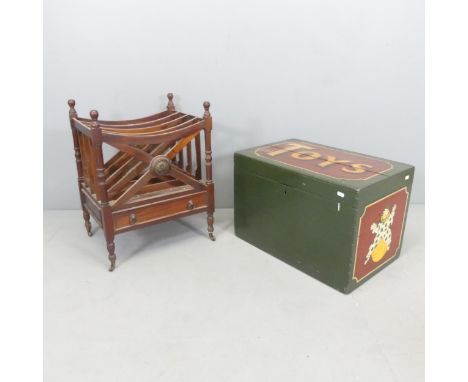 A reproduction Georgian style mahogany Canterbury, 47x61x38cm, and a vintage painted wooden toy box. 60x40x38cm. (2) 