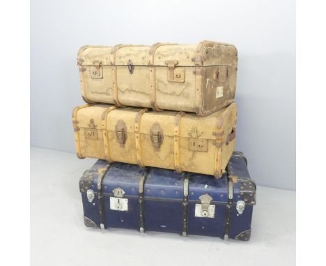 Three various vintage trunks. Largest labelled HMF. 93x35x55cm. (3) 