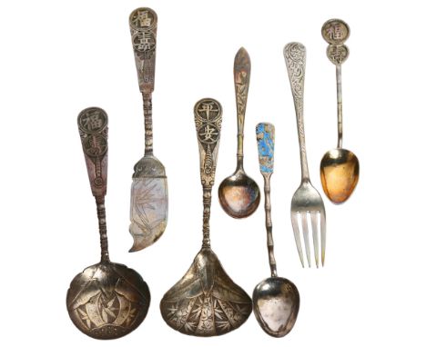 5 Chinese silver spoons and knives, an English silver hallmarked fork etc 