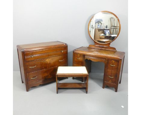 An art deco style dressing suite, comprising dressing table, chest of drawers and stool. Dressing table - 102x154x45cm.Chest 