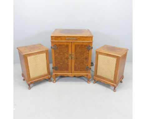 A mid-century cross-banded walnut and satinwood strung three-section stereogram, with Garrard 86SB turntable, Panasonic stere