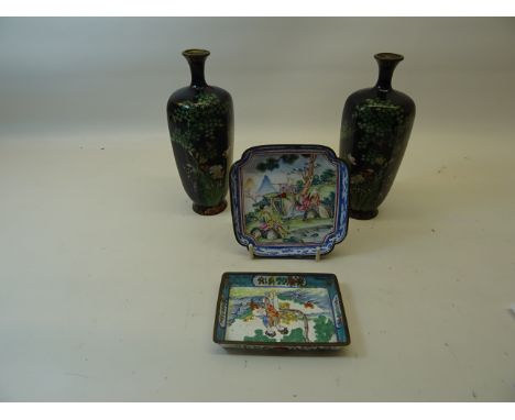 A pair of Cloisonné panel sided Vases decorated with flowering trees, 6" (15cms) high and two Cantonese enamel saucer dishes 
