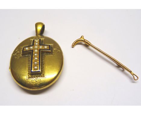 A 9ct gold riding crop Bar Brooch and an oval Locket set with a seed pearl and enamel cross.