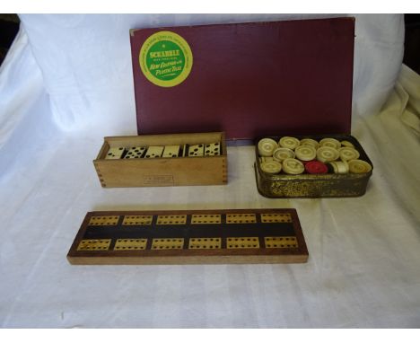 A Cribbage Marker, boxwood and other Draughts, Dice, Scrabble, Dominoes, etc.
