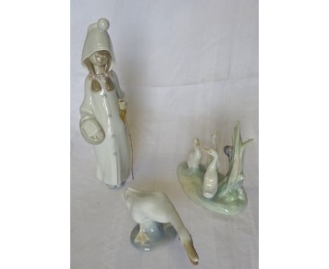 A Lladro Figure of a Girl, Lladro Duck and a group of Nao Ducks.