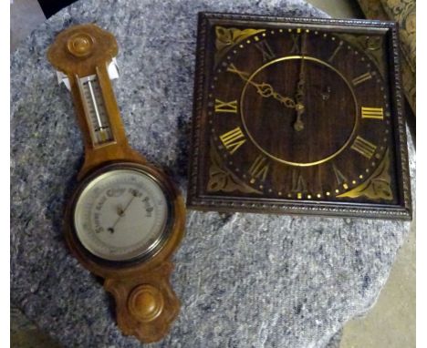 A Wall Clock in brass mounted square oak case, 15" (38cms) square, and an Aneroid Barometer and Thermometer in oak case.