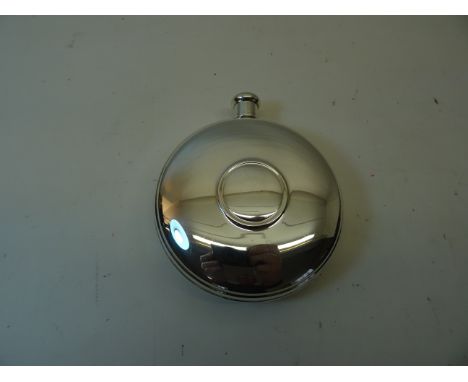 A modern silver circular Hip Flask, 5.4 oz.