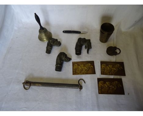 Three dogs head Walking Stick Handles, balance scales and other metal ware.