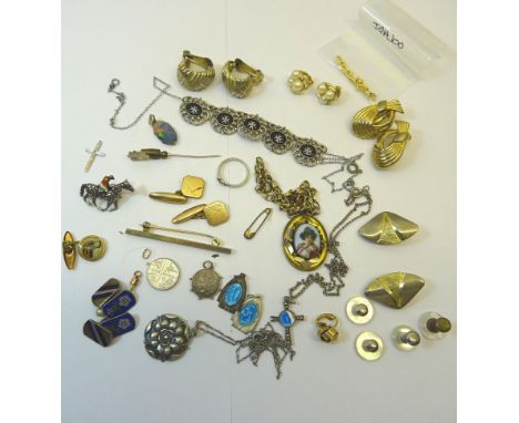 A Jewellery Box and Contents including gold mounted child's tooth, silver and enamel cufflinks, silver pendant, etc.